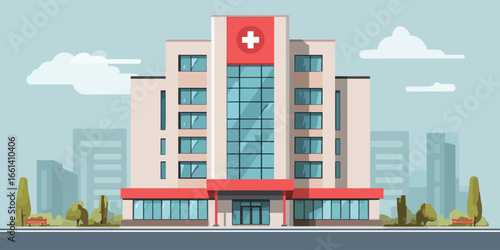 Modern multi-story hospital building with a prominent red medical cross and large glass windows.