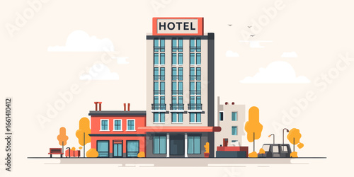 Flat design illustration of a city street with a modern hotel building, autumn trees, and a car.