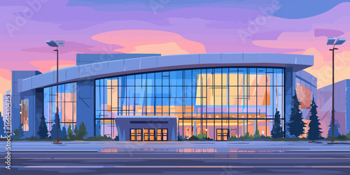 Modern public building with a curved glass facade and illuminated interior at twilight, vector art style.