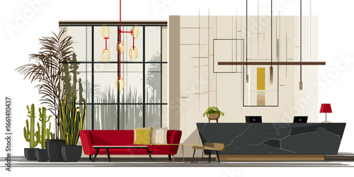 Illustrated modern hotel lobby featuring a red sofa, potted plants, and a sleek black reception desk.
