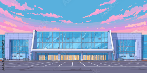 Frontal view of a modern building with a large glass facade in a clean anime art style.