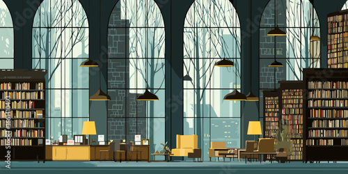 Stylized illustration of a grand library interior with large arched windows, bookshelves, and cozy reading areas.