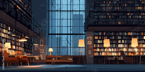 A tranquil, modern library interior with floor-to-ceiling bookshelves and warm ambient lighting.