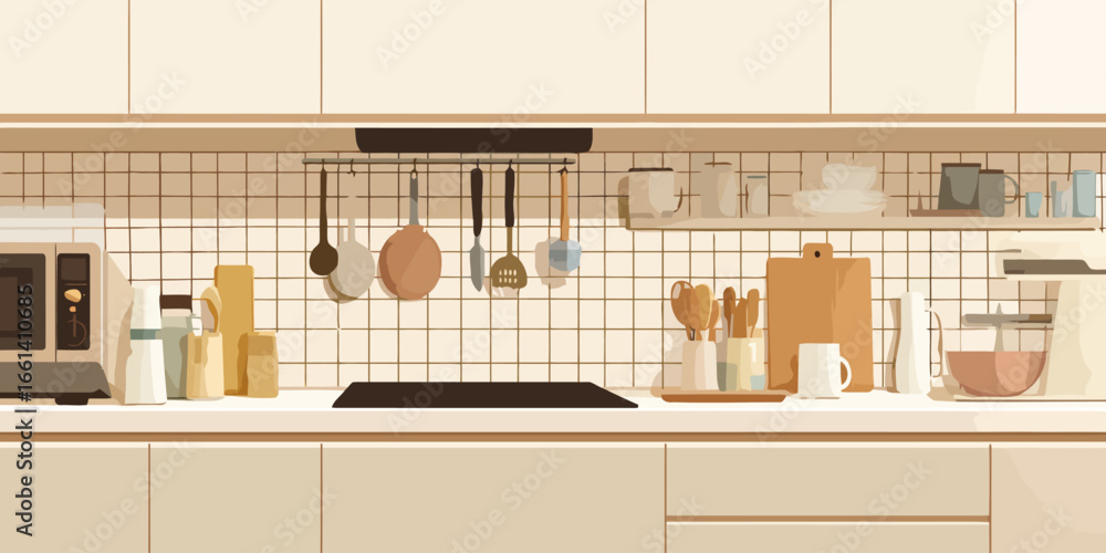 Fototapeta premium A tidy kitchen counter with modern appliances and cooking utensils in a warm, neutral palette.