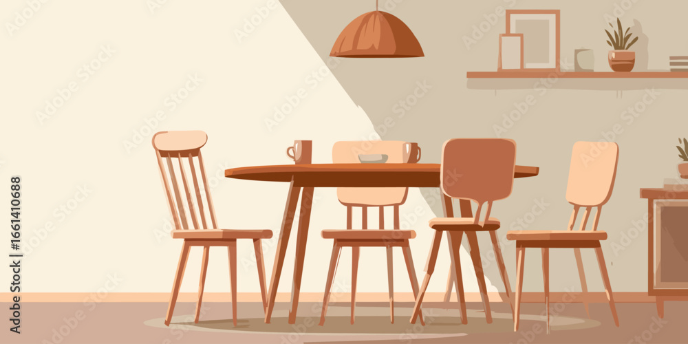 Fototapeta premium Stylized illustration of a cozy dining room with a wooden table and chairs in warm tones.
