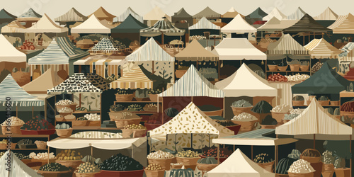 A crowded outdoor market scene with patterned tents and baskets of goods, in a flat, illustrative style.
