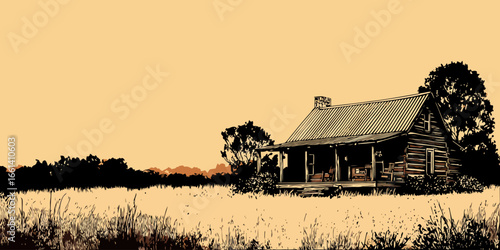 Stylized graphic illustration of a rustic log cabin with a porch and stone chimney.
