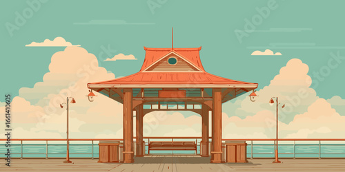 Illustrated wooden pier shelter with an Asian-style red-orange pagoda roof and bench.