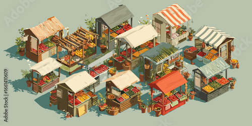 Stylized isometric illustration of a farmers market with colorful fruit and vegetable stalls.