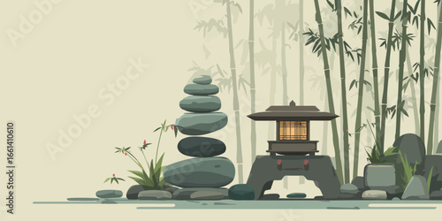 Japanese Zen Garden Illustration with a Stone Lantern and Balanced Rocks