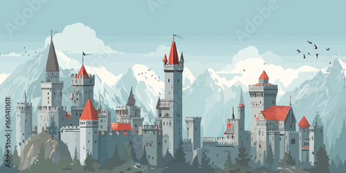Illustrated medieval stone castle with tall grey towers and vibrant red roofs.