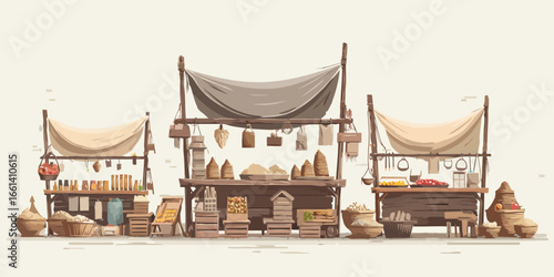 A stylized illustration of three rustic wooden market stalls with canvas awnings, displaying various traditional goods.