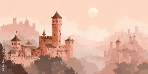 A majestic fairytale castle complex with towers and turrets in a misty, painterly landscape at sunrise.