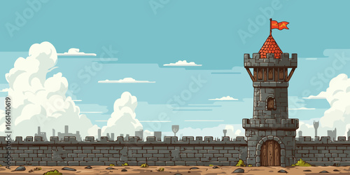 Cartoon medieval stone castle wall with a watchtower, red tiled roof, and waving flag.