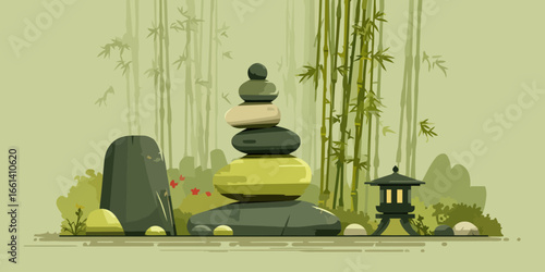 A tranquil Japanese Zen garden illustration with a balanced stone cairn, bamboo grove, and a traditional lantern.