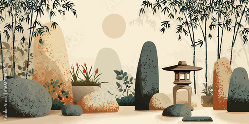 Serene Japanese Zen rock garden illustration with bamboo, textured stones, and a traditional toro lantern.