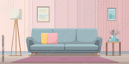 Illustrated cozy living room interior with a blue sofa, pastel pillows, and modern furniture.