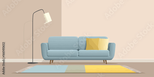 Flat vector illustration of a cozy living room with a blue sofa, yellow accents, and a modern floor lamp.