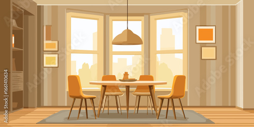 Cozy dining room illustration featuring a modern wooden table, orange chairs, and a sunlit bay window.