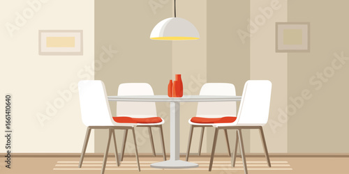 Modern dining room set with a round white table, four chairs with red cushions, and a hanging lamp.