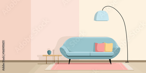 Modern minimalist living room interior with a blue sofa, colorful pillows, and an arched floor lamp.