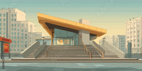 Modern public building with a striking yellow angular roof, glass facade, and a wide concrete staircase.