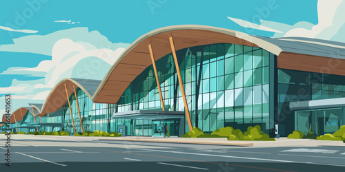 Modern public terminal building with a sweeping, undulating wooden roof and an expansive green glass facade.