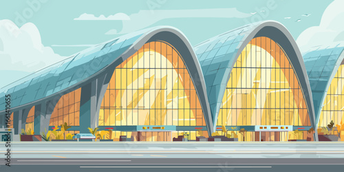 Stylized modern airport terminal with a large arched glass roof and glowing yellow interior.