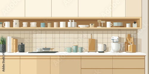Stylized Illustration of a Modern Minimalist Kitchen with Beige Cabinets and Tidy Countertop.