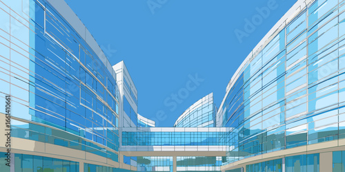 Stylized illustration of a modern glass building complex with a connecting sky bridge.