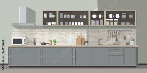 Flat vector illustration of a modern kitchen interior with grey cabinets, open shelving, and a brick backsplash.