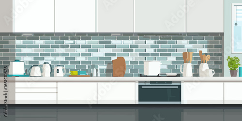 Stylish modern kitchen with white cabinetry, blue brick backsplash, and various cooking utensils.