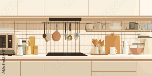 A tidy kitchen counter with modern appliances and cooking utensils in a warm, neutral palette.