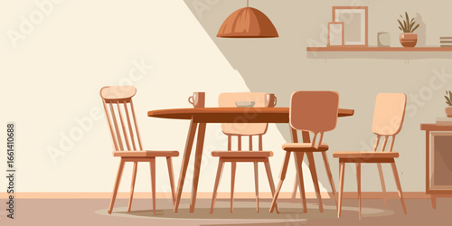 Stylized illustration of a cozy dining room with a wooden table and chairs in warm tones.