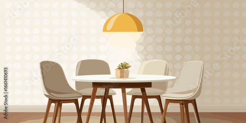 Modern dining room set with a round white table, four chairs, and a yellow pendant lamp.