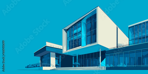Angular modern architectural illustration of a building with a blue glass facade.