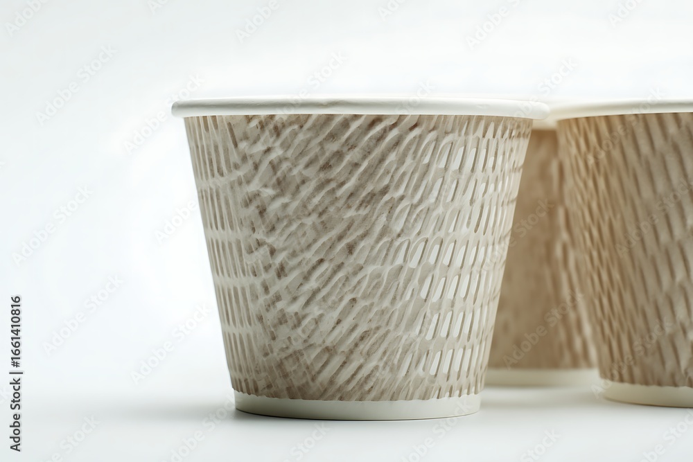 Obraz premium Three paper cups with pattern design and white rims standing on a white surface