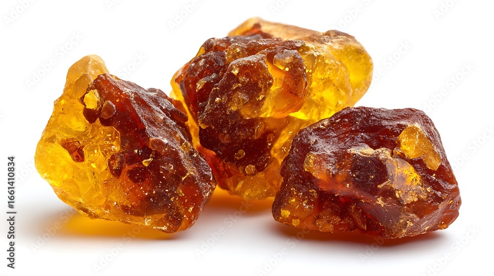 Obraz premium Three Pieces of Gum Rosin Stacked on a White Background, Featuring Golden Tones