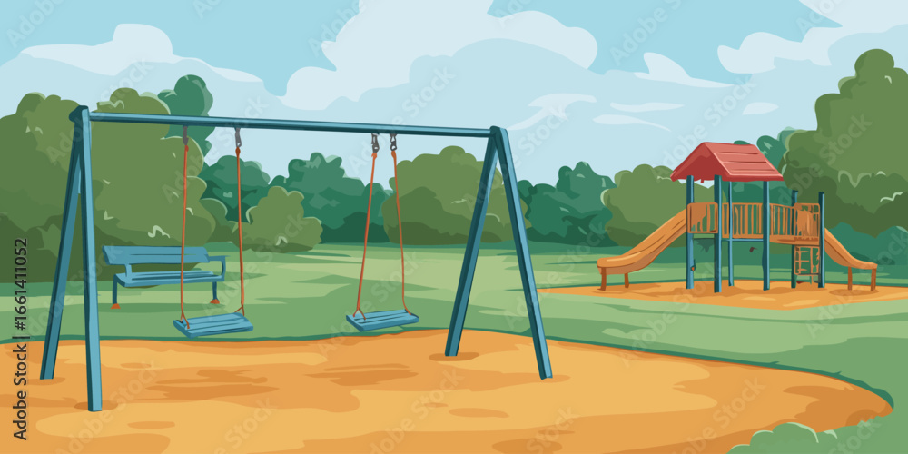 Fototapeta premium Colorful cartoon illustration of an empty children's playground with a blue swing set and a slide structure in a park.