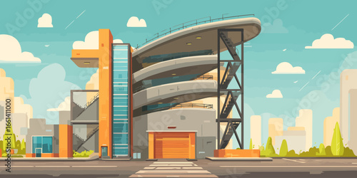 Modern multi-story parking garage with a spiral ramp and a striking orange elevator tower.