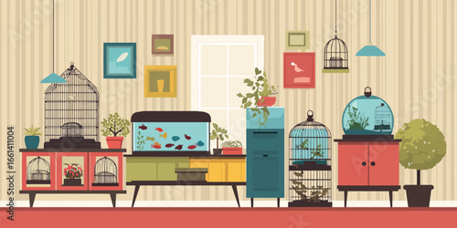 Colorful Retro Interior with Birdcages, an Aquarium, and Potted Houseplants