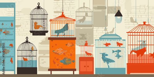 A vibrant, stylized pet shop scene featuring colorful birds in ornate cages and fish in aquariums.