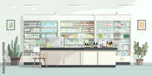 Modern pharmacy interior with a counter and shelves stocked with medicines. Flat vector illustration.