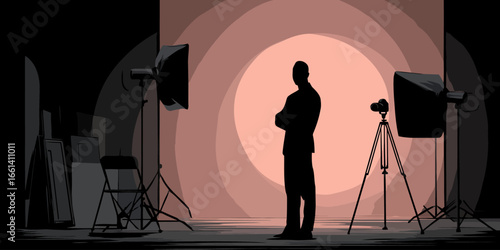 Stylized illustration of a photography studio with a silhouetted man, camera, and professional lighting equipment.
