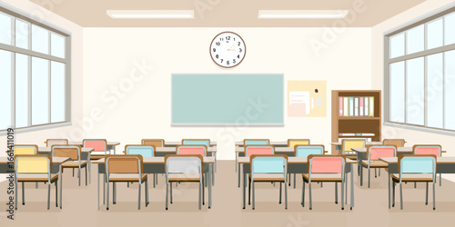 Empty Japanese-style school classroom with colorful desks and chairs facing a chalkboard.