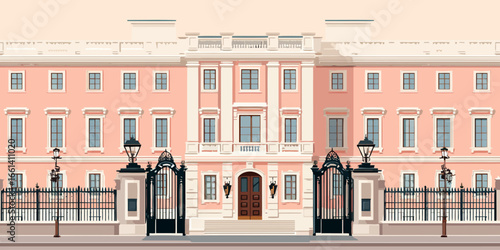 Majestic pink palace facade with classical columns, white trim, and ornate black gates.
