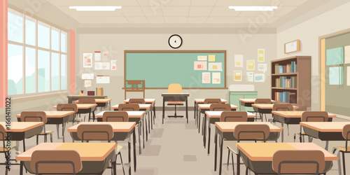 Bright and empty school classroom interior with rows of desks, a green chalkboard, and large windows.