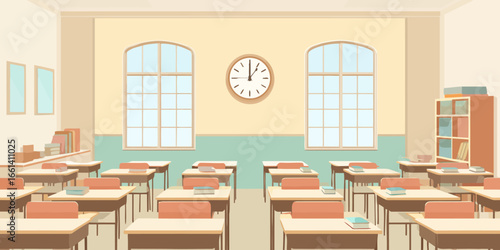Bright and Tidy School Classroom Interior with Wooden Desks, Arched Windows, and a Wall Clock