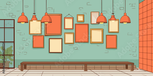 Hand-drawn modern interior with a gallery wall of empty frames, a long bench, and orange pendant lamps.