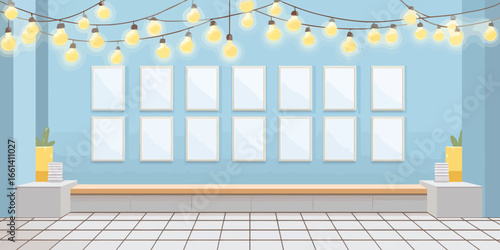 Modern gallery interior with twelve blank frames on a blue wall under glowing string lights.
